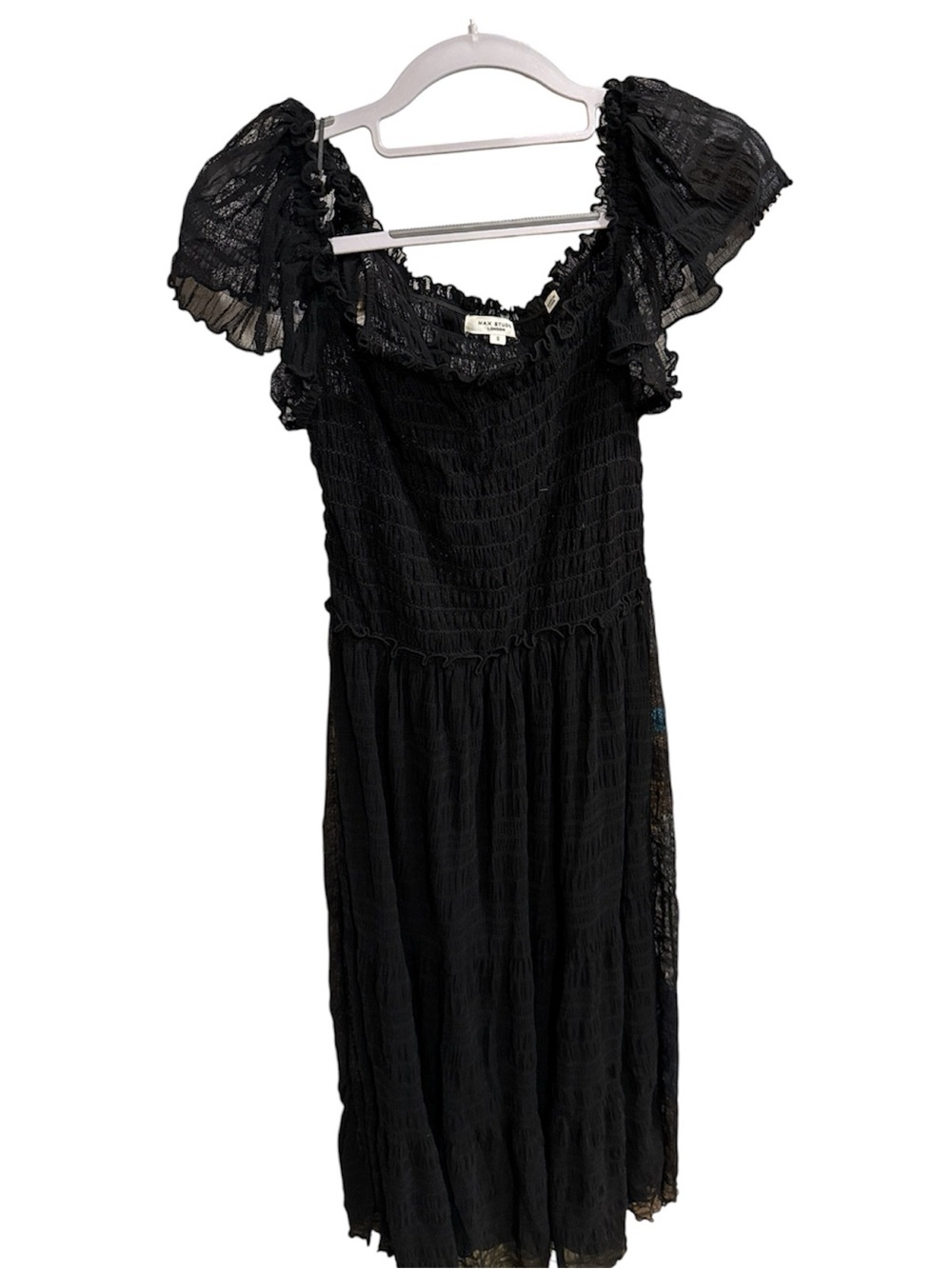Max Studio Black Smocked Midi Dress with Ruffled Puff Sleeves